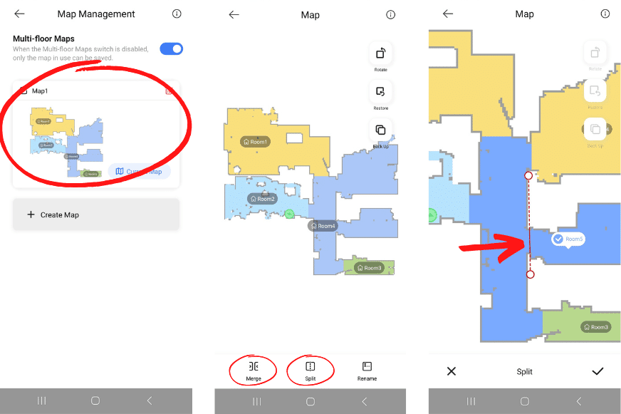 Разделение комнат в приложении Dreame L10s Pro.